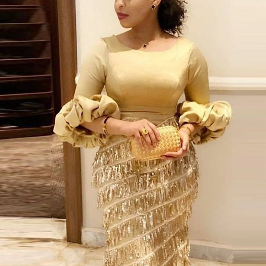 robe doré manche longue